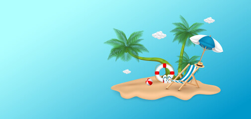 Fototapeta na wymiar Deck chair sitting and Beach umbrella on sand pile the beach with coconut tree, Cloud floating in mid air. Ad template banner for making ad media about tourism. Summer travel concept. 3D Vector.