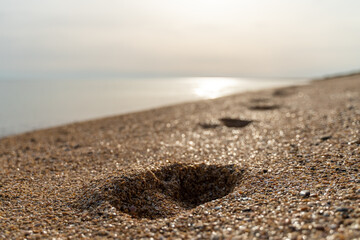 Human footprint on sand summer beach background with copyspace