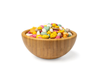 Candy Stones in Wood Bowl, Colorful Rock Candies Isolated