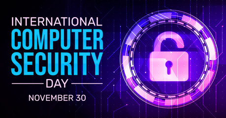 International Computer Security Day Background with Futuristic Technology concept. Modern Glowing Lock with connecting nodes