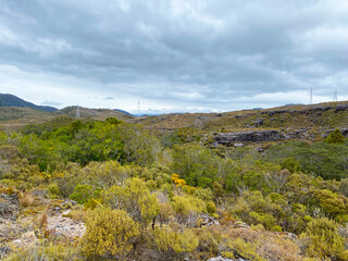 The remote and desolate landscape at the Denniston Plateau site of a historic coal mine and township, West Coast, New Zealand