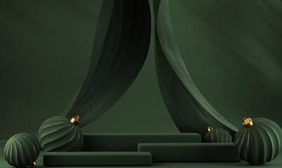 3D abstract Christmas dark background with green Christmas ornaments