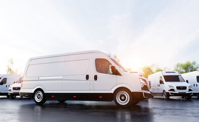 Fototapeta na wymiar Transportation van and fleet of cargo trucks courier service