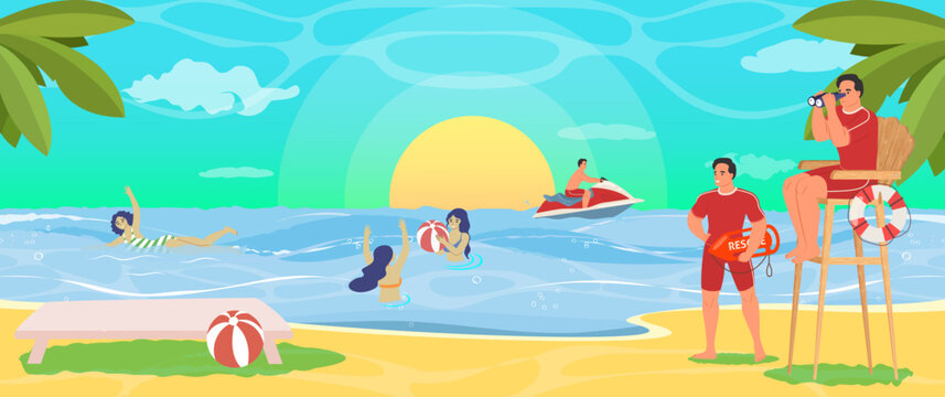 Tropical beach lifeguard at work flat vector