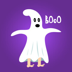 boy wearing ghost costume for halloween with boo text