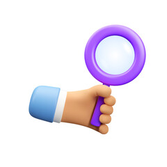 3d hand with magnifying glass icon. Search concept. Vector magnifier illustration isolated on white background