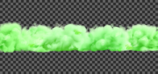 Green clouds transparent background. Vector realistic Halloween illustration. Fluorescent sky or heaven, neon smoke