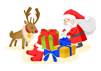 たくさんのプレゼントをのぞき込むサンタとトナカイのカットイラスト
