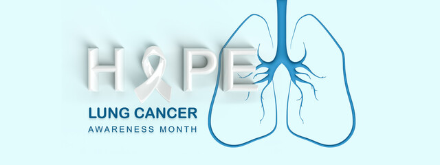 Hope word with white ribbon and Lung line shape on light blue background, Banner for Lung Cancer Awareness Month or World Lung Cancer Day concept - 540633980