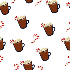 Christmas seamless pattern with candy cane and cocoa with marshmallows
