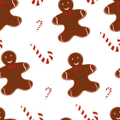 Christmas seamless pattern with gingerbread and candy cane