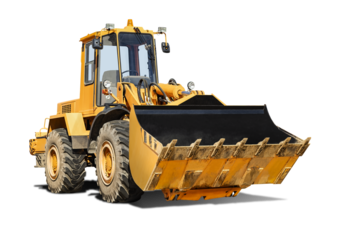 Heavy front loader or bulldozer on a white isolated background. construction machinery. Transportation and movement of bulk materials. Large bucket for earth, sand and gravel.