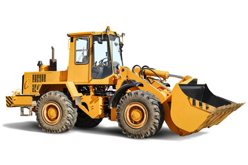 Obraz na płótnie Canvas Heavy front loader or bulldozer on a white isolated background. construction machinery. Transportation and movement of bulk materials. Large bucket for earth, sand and gravel.