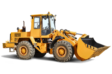 Heavy front loader or bulldozer on a white isolated background. construction machinery. Transportation and movement of bulk materials. Large bucket for earth, sand and gravel.