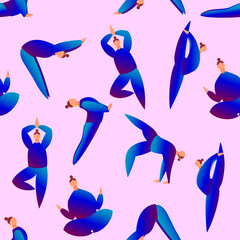 Seamless pattern with women in blue clothes do yoga. Concept of balance, healthy lifestyle, sports, harmony