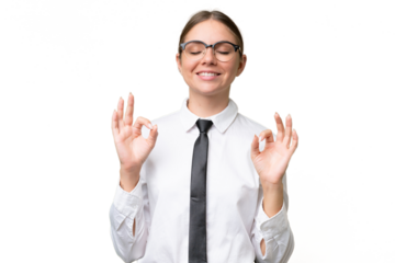 Young business caucasian woman over isolated background in zen pose