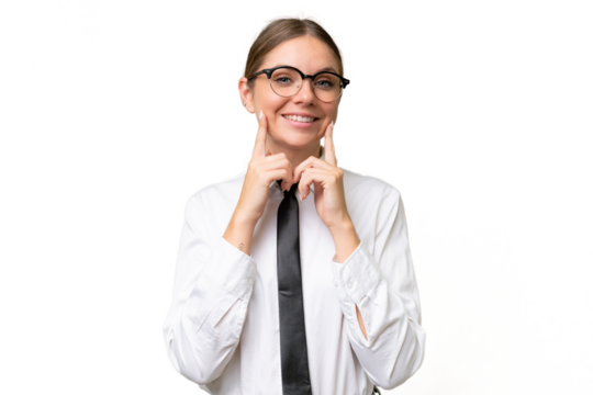 Young business caucasian woman over isolated background smiling with a happy and pleasant expression