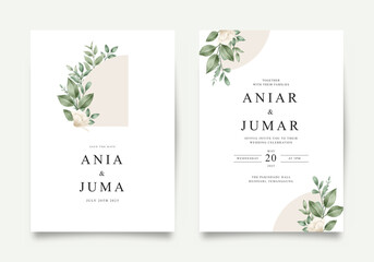 Elegant wedding invitation with flowers and green leaves