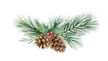 Watercolor vector Christmas arrangement with cones and pine branch.