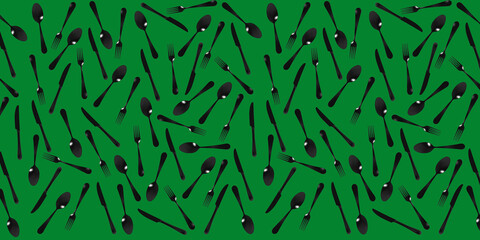 pattern Top view of fork, spoon, knife on green background. Template for applying to the surface. Banner for insertion into site. Flat lay. 3D image. 3D visualization.