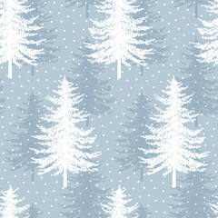 Obraz premium Christmas tree seamless vector pattern. Watercolor Noel firs print, winter frozen pine trees on blue background, wallpaper, wrapping paper design