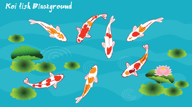 Koi carps in water, among graphic lotuses on a light blue,  background. Repeating square design for fabric and wallpaper. Vector illustration.Koi Fish Painting.