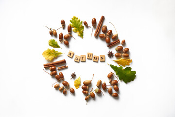 Autumn harvest concept. word on wooden cubes in the center flat lay Creative composition in a circle. fall yellow green autumn leaves, acorns with hats, cinnamon, anis on white background. horizontal
