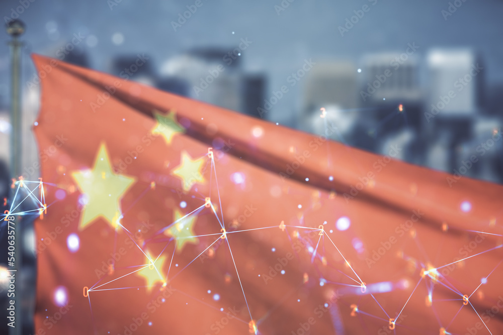 Poster abstract virtual wireless technology hologram on flag of china and blurry cityscape background. big 