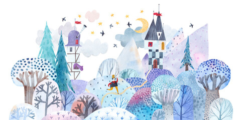 Winter landscape. Watercolor illustration. Children's poster. Fairytale winter landscape.