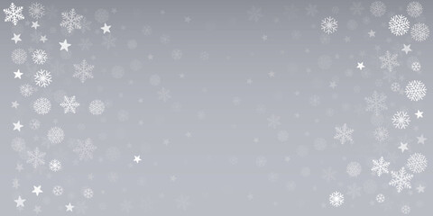 Christmas snow vector background. Falling snowflakes transparent decoration. New Year Holidays greeting card backdrop.