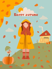 Obraz na płótnie Canvas Autumn card illustration with cute girl