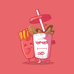 Soda and Fries fast food characters vector illustration. Food, funny, emotional design concept.