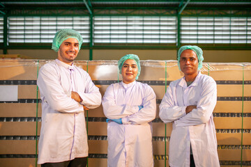 worker team on the production line in the beverage factory. Manufacturer checks quality of food industry. - 540637155