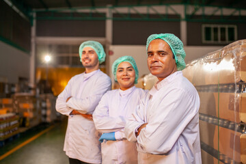 worker team on the production line in the beverage factory. Manufacturer checks quality of food industry. - 540637164