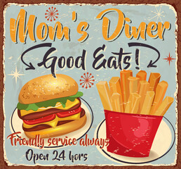 Vintage Mom's Diner metal sign.Retro poster 1950s style.