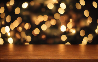 Abstract empty wooden desk table with copy space over christmas bokeh blurred light background,...