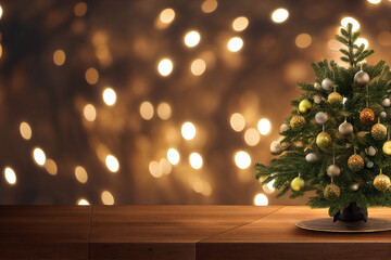 Christmas tree on empty wooden desk table with copy space over christmas bokeh blurred light background, display for product montage, 3d rendering