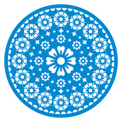 Papel Picado vector mandala design with floral and geometric pattern, blue Mexican fiesta garland paper decoration with cutout shapes
