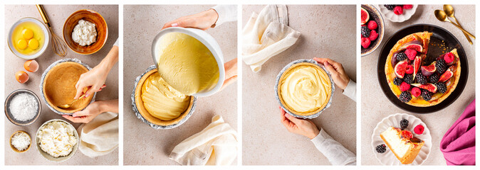 Step by Step Collage of Cooking cheesecake. Main ingredients: soft, fresh cream cheese, eggs, sugar...