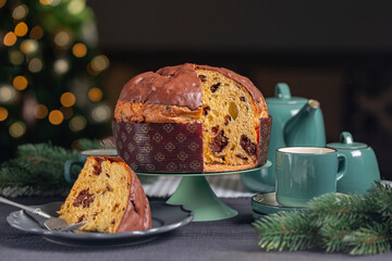 Panettone, Italian type of sweet bread originally from Milan, made with chocolate, cupola shaped....