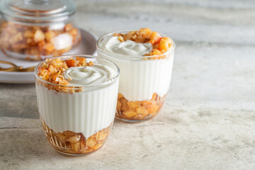 Greek yogurt with caramelized cinnamon apple and walnuts, dessert on light stone table.