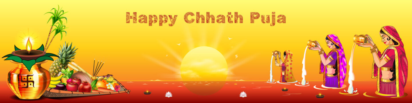 Chhath Puja banner design. Happy Chhath Puja text with Indian women standing in water and doing prayer of sun god background illustration.