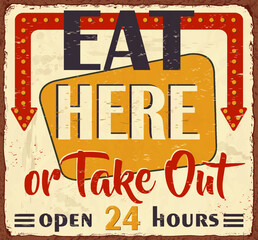 Vintage Eat Here metal sign.Retro poster 1950s style.