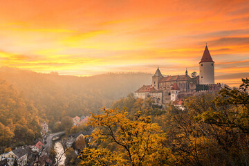 Krivoklat castle at sunset. Autumn evening. Czech Republic. © Sergey Fedoskin