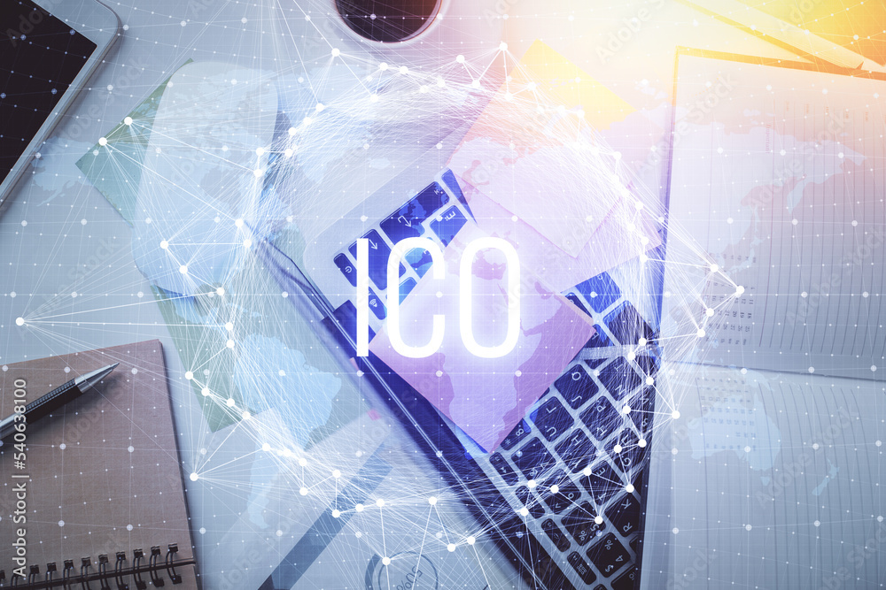 Poster Blockchain theme hologram drawings over computer on the desktop background. Top view. Multi exposure. Concept of cryptoeconomy.