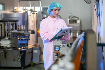 Asian woman worker with clipboard is checking product bottles of fruit juice on the production line in the beverage factory. Manufacturer checks quality of food industry.