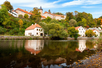 Fototapeta na wymiar Small town and medieval castle Rozmberk nad Vltavou, Czech Republic.