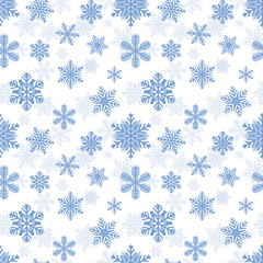 Snowflake pattern, seamless winter background. Blue snowflakes on a white background. Vector illustration. Holiday background