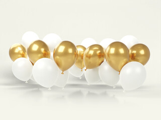 Balloons lined up. A great template for designing a sale or promotion on social networks. Gold and white balloons. 3d rendering.
