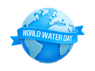 Cartoon blue planet Earth and blue ribbon with "World Water Day" text. Saving water or world environmental protection concept. Save our planet concept. Vector illustration